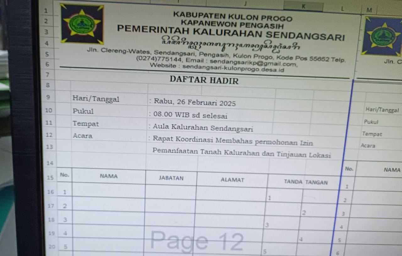 Membuat daftar hadir rakor permohonan ijin Tanah Kalurahan dan tinjauan lokasi Membuat daftar hadir rakor permohonan ijin Tanah Kalurahan dan tinjauan lokasi