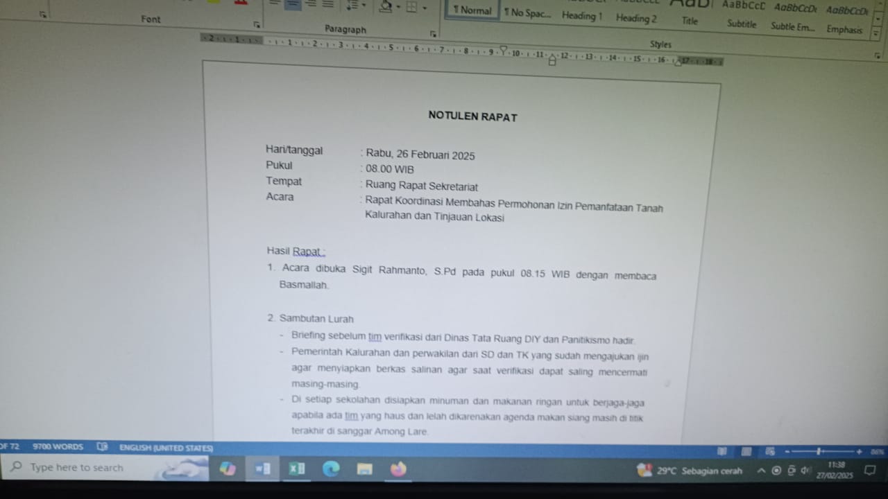 Membuat notulen rakor membahas perizinan pemanfaatan tanah kalurahan dan tinjauan lokasi Membuat notulen rakor membahas perizinan pemanfaatan tanah kalurahan dan tinjauan lokasi